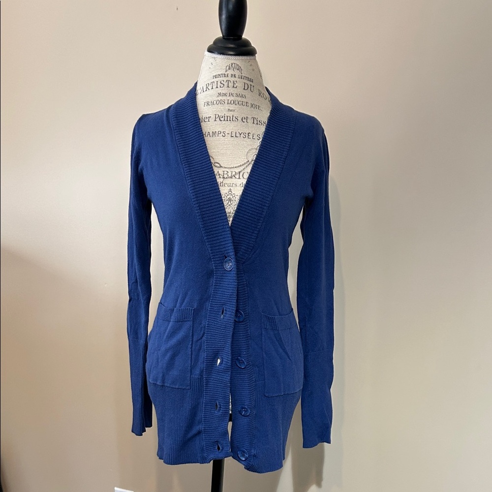 Buttoned V-Neck Cardigan, Blue ( Size Large)